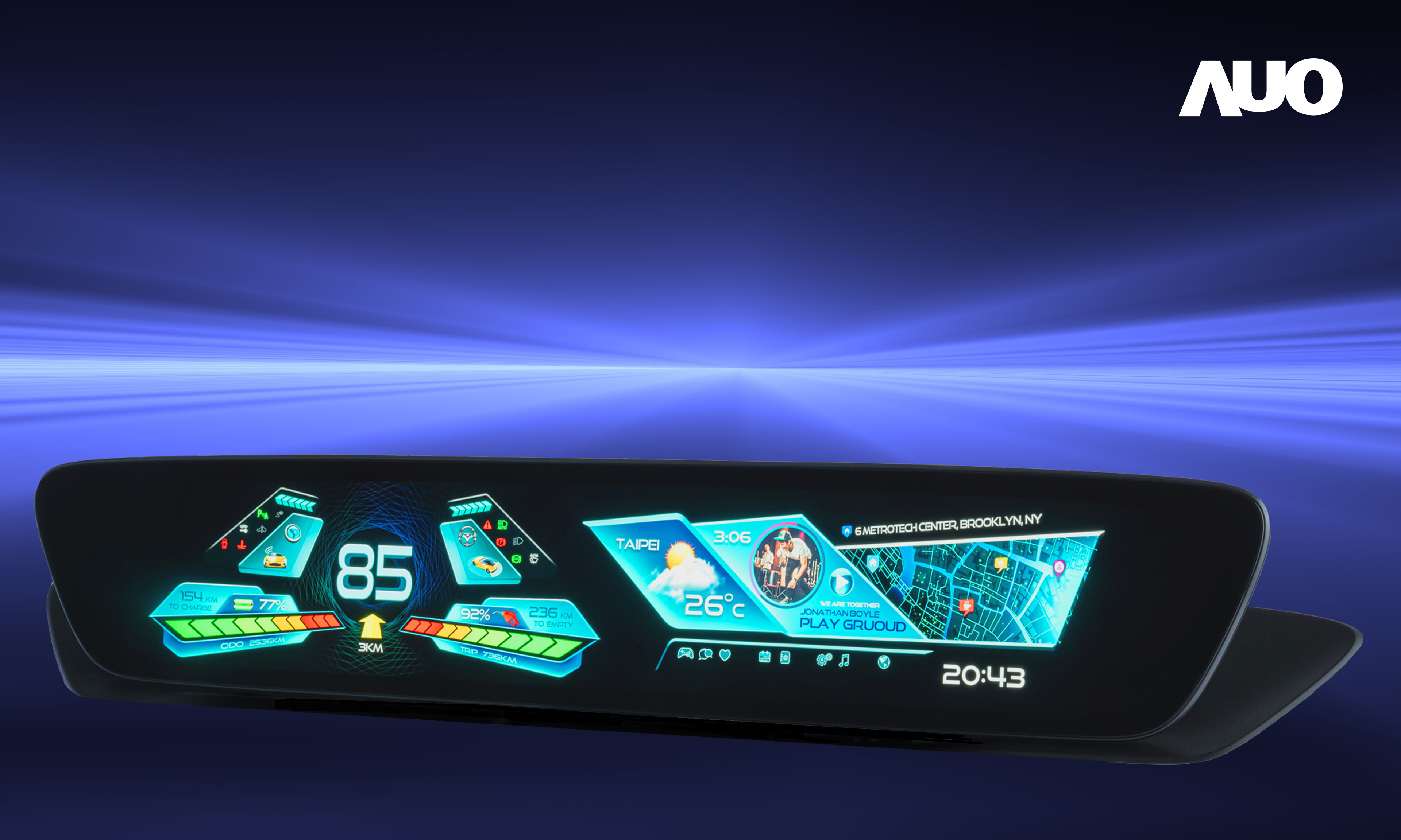 友達(dá)30.4吋異形曲面AmLED車載顯示系統(tǒng)，為一兼具儀表板及中控臺人機(jī)介面的創(chuàng)新車載顯示系統(tǒng)，結(jié)合美學(xué)設(shè)計，提升車內(nèi)科技沉浸感及使用體驗(yàn)，讓車載顯示的未來應(yīng)用更加多元化